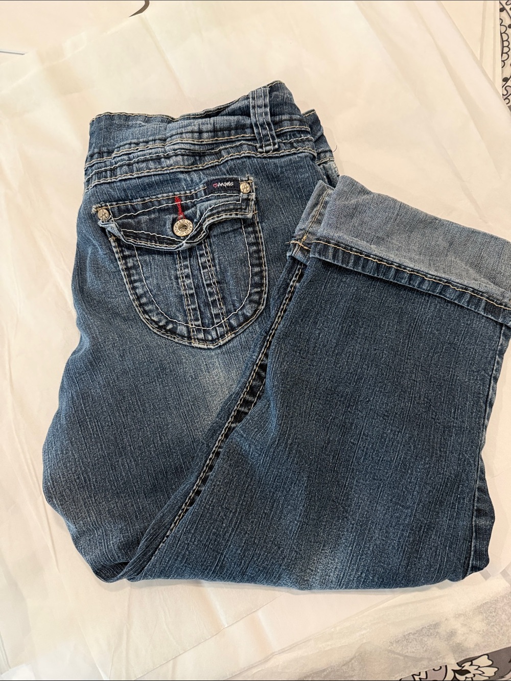 Angels Mid-Blue Cropped Stretch Jeans with Embellished Back Pocket